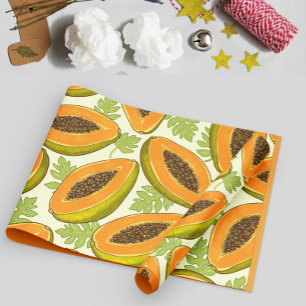 Vibrant Tropical Papaya Fruit and Leaf Pattern Wrapping Paper