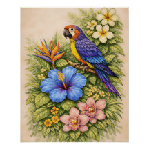 Vibrant Tropical Parrot Macaw Botanical Floral