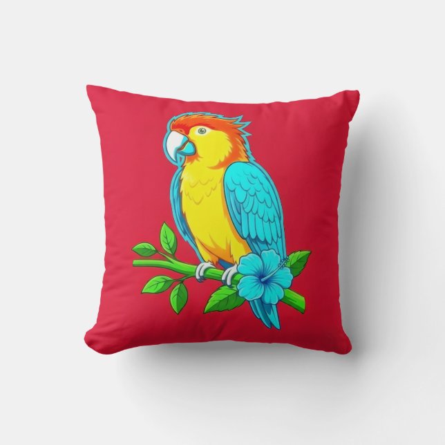 Vibrant Tropical Parrot Throw Pillow (Front)
