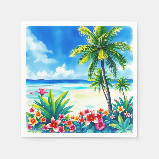 Vibrant Tropical Scene with Palm Trees Napkin (Front)