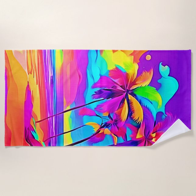 Vibrant Tropical Shore Art Beach Towel (Front)