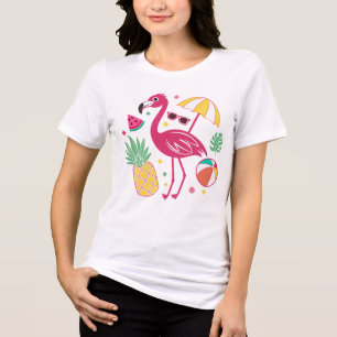 Vibrant Tropical Summer Flamingo & Pineapple Beach Tri-Blend Shirt