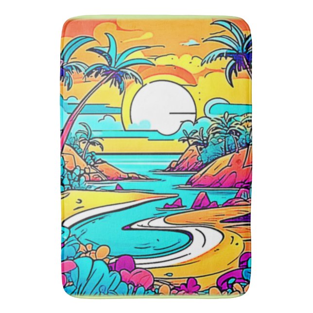 Vibrant Tropical Sunset Beach Bath Mat (Front Vertical)