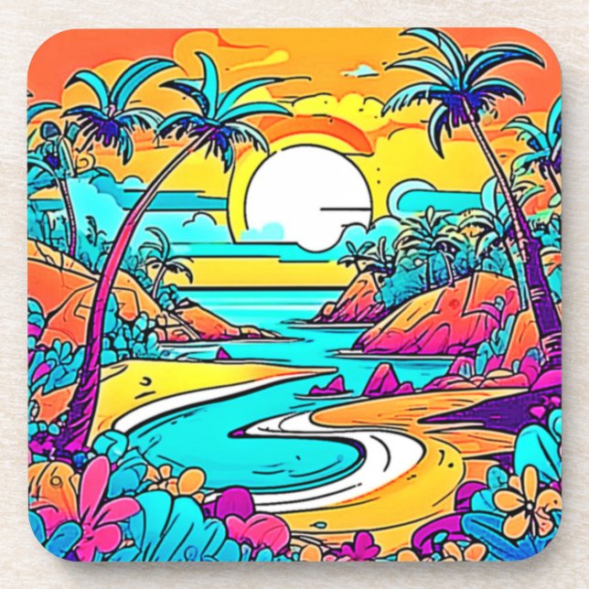 Vibrant Tropical Sunset Beach Coaster (Front)