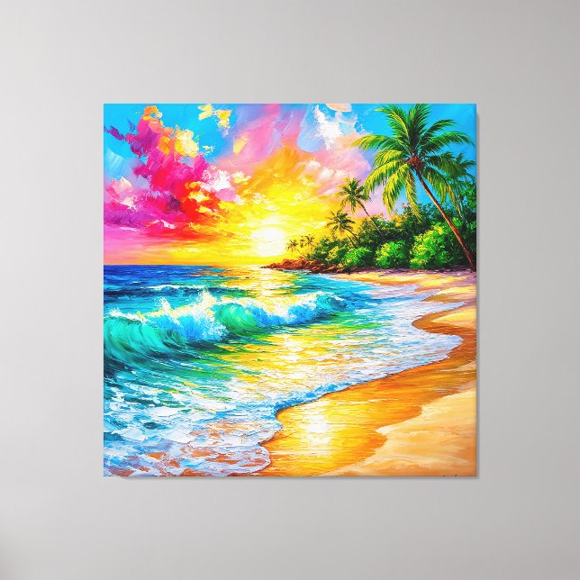 Vibrant Tropical Sunset Painting with Waves Canvas Print (Front)