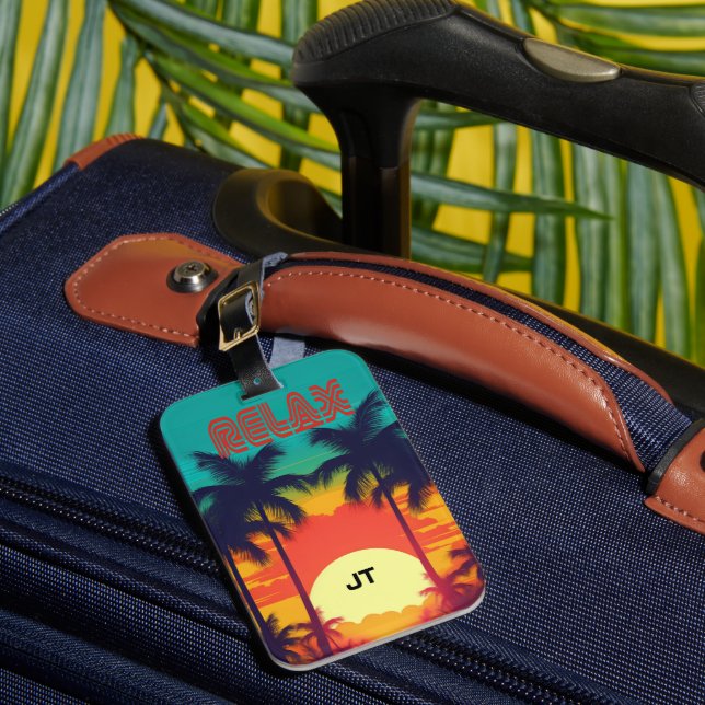 Vibrant Tropical Sunset Retro 80s Style Luggage Tag (Front Insitu 1)