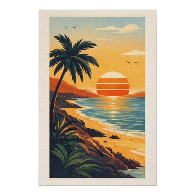 Vibrant Tropical Synthwave Sunset Retro Travel  Poster (Front)