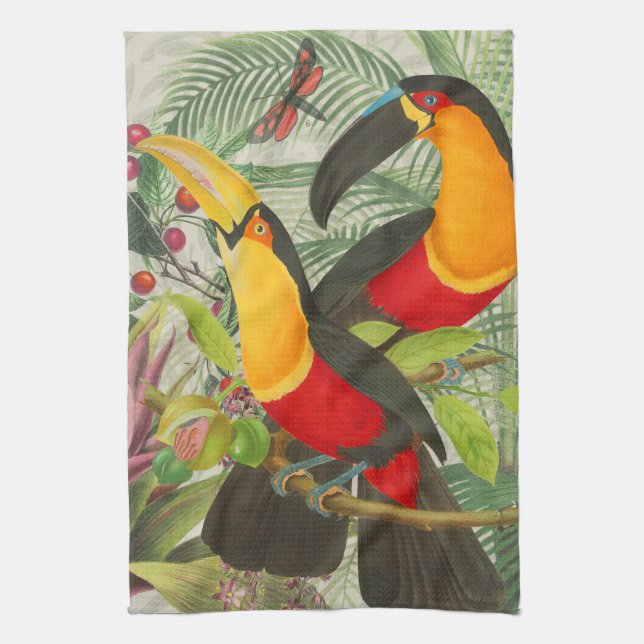 Vibrant Tropical Toucan Birds Art Exotic Jungle  Tea Towel (Vertical)
