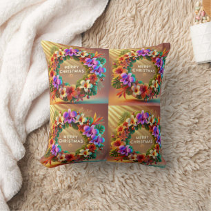 Vibrant Tropical Wreath Christmas Pillow Design.