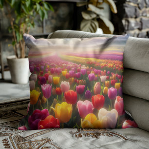 Vibrant Tulip Field in Full Bloom Cushion