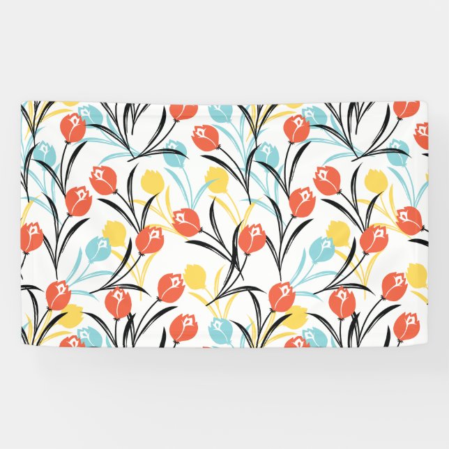 Vibrant Tulip Pattern Floral Design on White Banner (Horizontal)