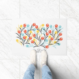 Vibrant Tulip Pattern Floral Design on White Doormat