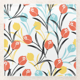 Vibrant Tulip Pattern Floral Design on White Glass Coaster