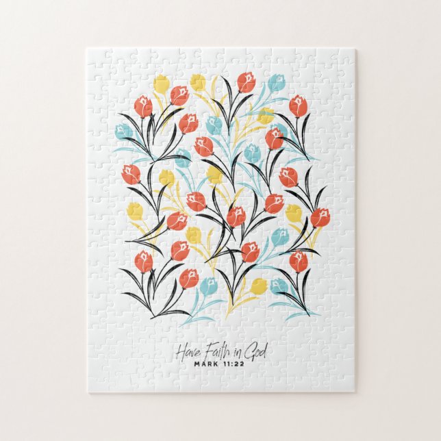 Vibrant Tulip Pattern Floral Design on White Jigsaw Puzzle (Vertical)