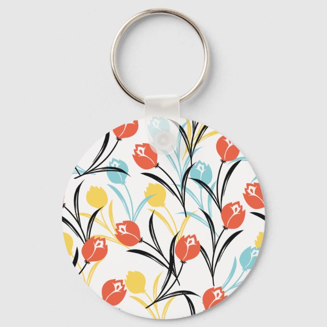 Vibrant Tulip Pattern Floral Design on White Key Ring (Front)