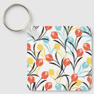 Vibrant Tulip Pattern Floral Design on White Key Ring