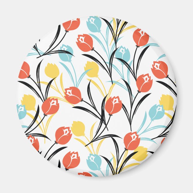 Vibrant Tulip Pattern Floral Design on White Magnet (Front)