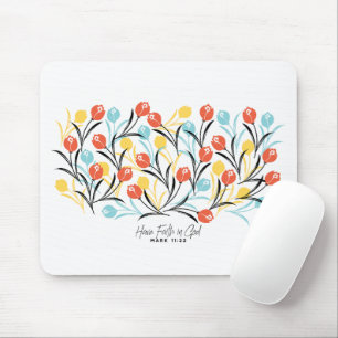 Vibrant Tulip Pattern Floral Design on White Mouse Pad