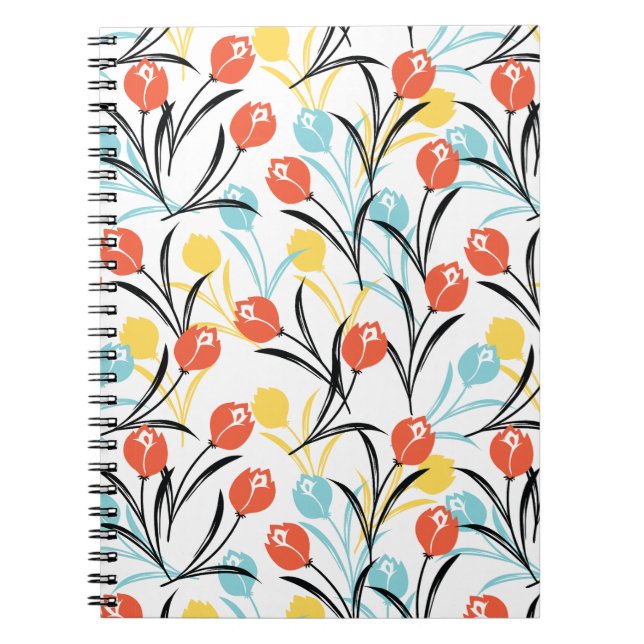 Vibrant Tulip Pattern Floral Design on White Notebook (Front)