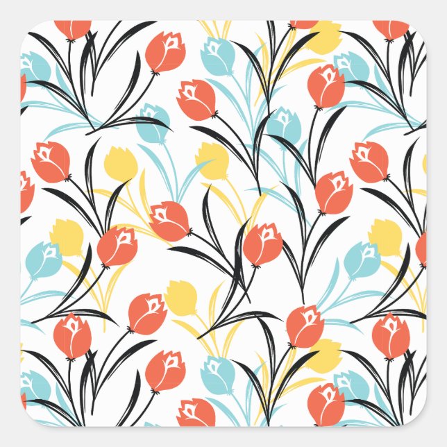 Vibrant Tulip Pattern Floral Design on White Square Sticker (Front)
