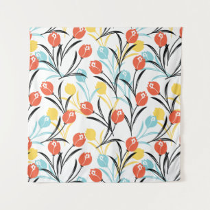 Vibrant Tulip Pattern Floral Design on White Tapestry