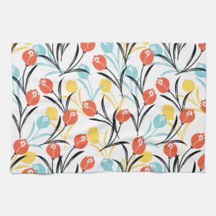 Vibrant Tulip Pattern Floral Design on White Tea Towel