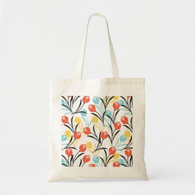 Vibrant Tulip Pattern Floral Design on White Tote Bag (Front)