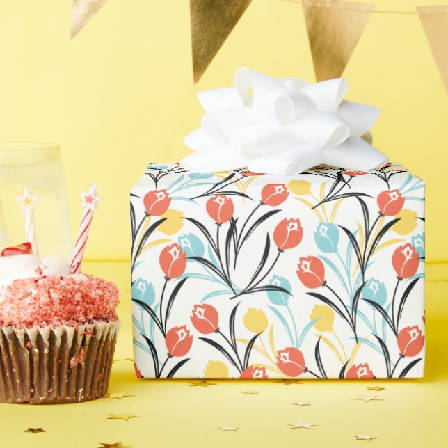 Vibrant Tulip Pattern Floral Design on White Wrapping Paper (Birthday Party)