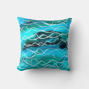 Vibrant Turquoise, Black, White Abstract Design Cushion
