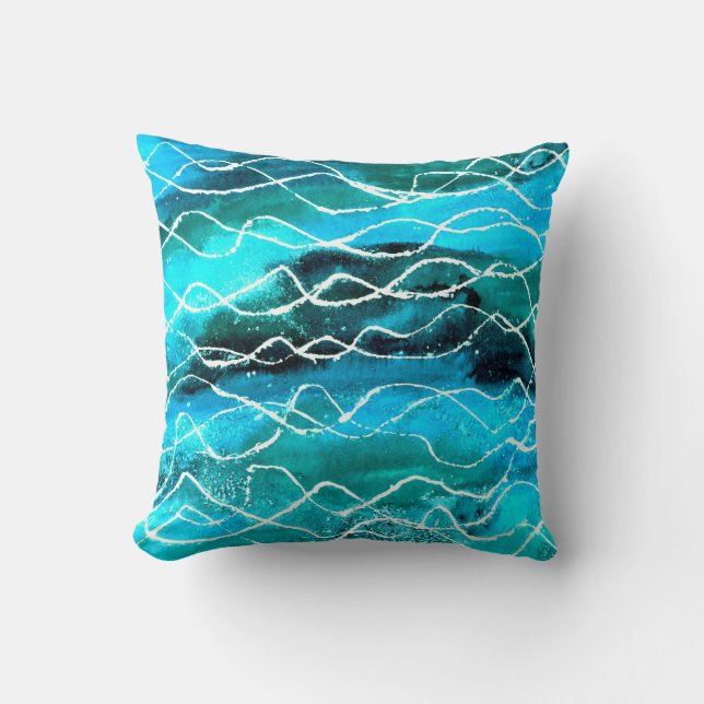 Vibrant Turquoise, Black, White Abstract Design Cushion (Front)