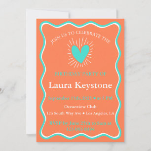 Vibrant Turquoise, Coral & White Retro Wavy Invitation