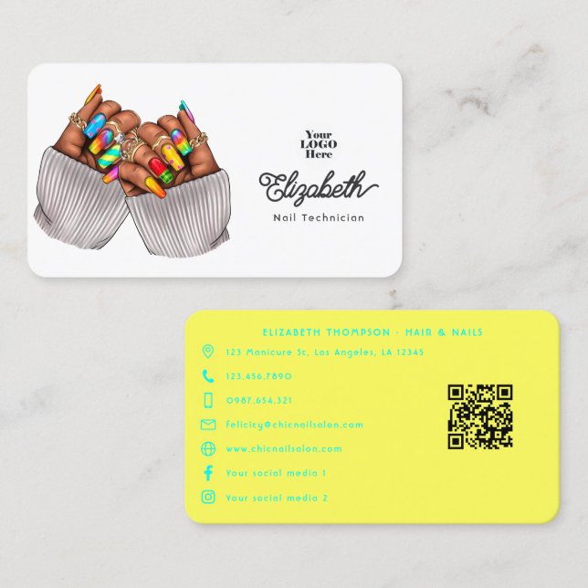 Vibrant Turquoise & Lemon Summer Nail Salon Design Business Card (Front/Back)