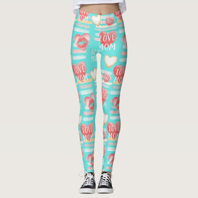 Vibrant Turquoise MOM Appreciation Pop Pattern Leggings (Front)