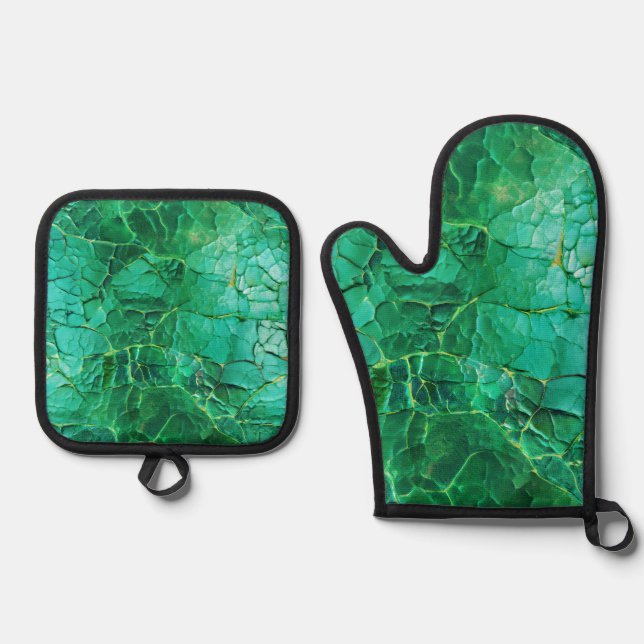 Vibrant Turquoise  Textured Pattern Oven Mitt & Pot Holder Set (Front)
