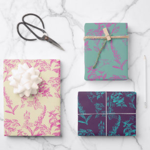 Vibrant Two Tone Hot Pink Wildflower Line Art  Wrapping Paper Sheet