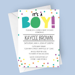 Vibrant Typography 'It's a Boy' Baby Shower Invitation