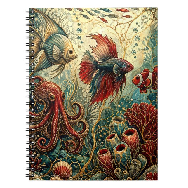 Vibrant Underwater Fantasy Marine Life Notebook (Front)