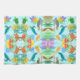 Vibrant underwater turtles and corals tea towel