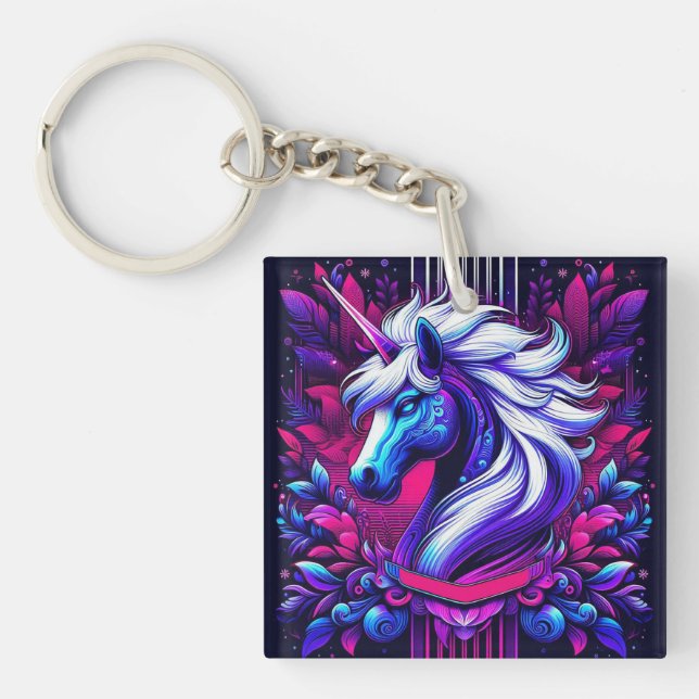 Vibrant Unicorn With Floral Elements Key Ring (Front)