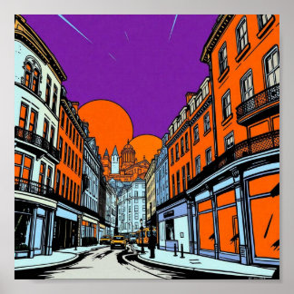 Vibrant Urban Sunset Cityscape Artistic Graphic Ar Poster