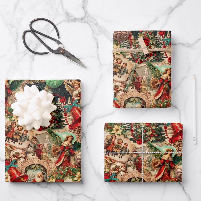 Vibrant Victorian Christmas Collage Wrapping Paper Sheet (Front)