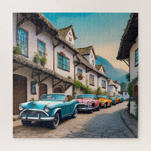 Vibrant vintage cars on a cobble street jigsaw puzzle
