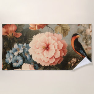 Vibrant Vintage Floral and Bird Scene Beach Towel