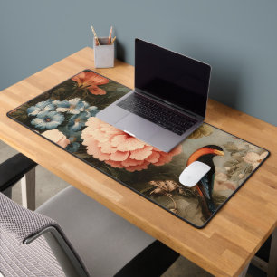 Vibrant Vintage Floral and Bird Scene Desk Mat