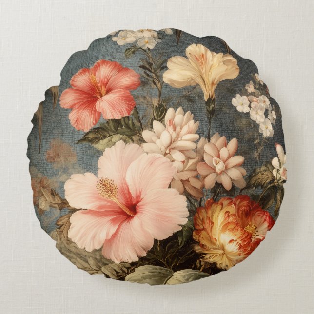 Vibrant Vintage Floral Arrangement Round Cushion (Front)