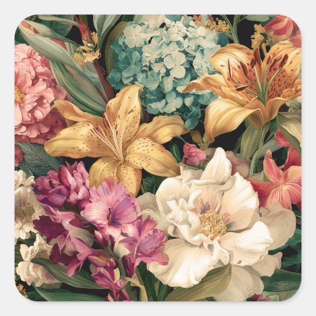 Vibrant Vintage Floral Arrangement Square Sticker (Front)
