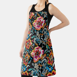Vibrant Vintage Floral Embroidery Pattern Apron