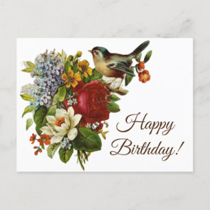 Vibrant Vintage Flowers and Bird Happy Birthday Postcard
