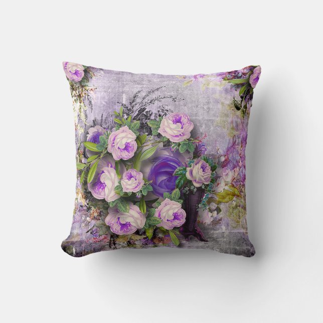 Vibrant Vintage Purple Roses green lavender 3D Cushion (Front)