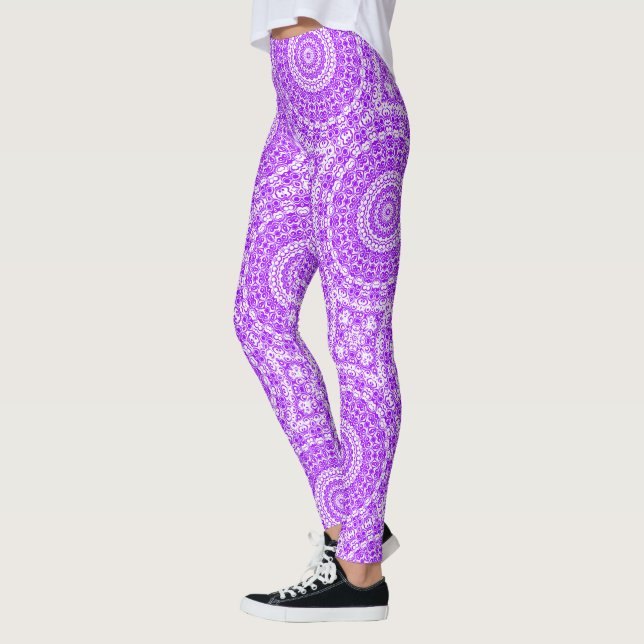 Vibrant Violet Mandala Kaleidoscope Pattern Leggings (Left)
